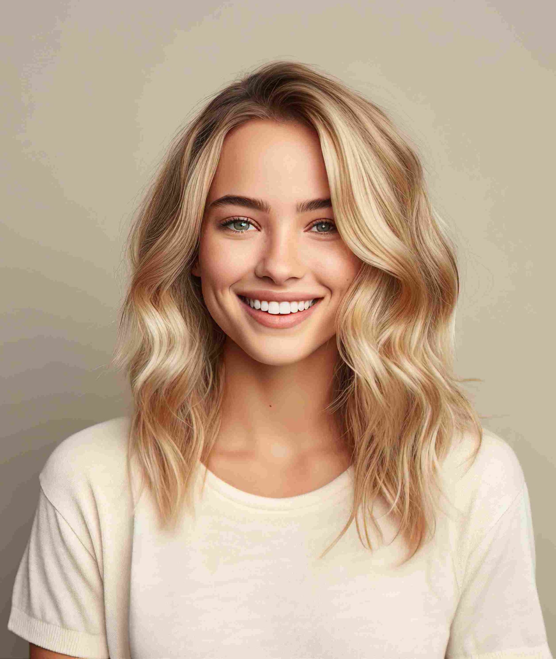 enerative ai portrait charming blonde hair girl woman smiling white teeth isolated pastel color wall background